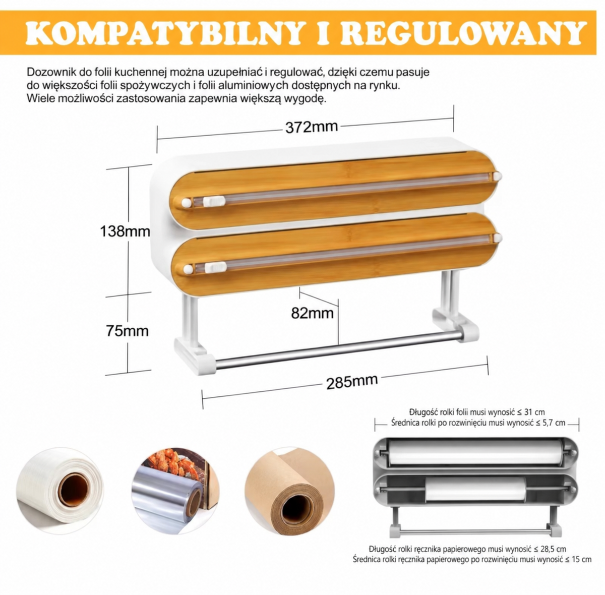 🥢 Bambusowy dozownik folii 3w1 z obcinakiem i uchwytem na ręcznik papierowy