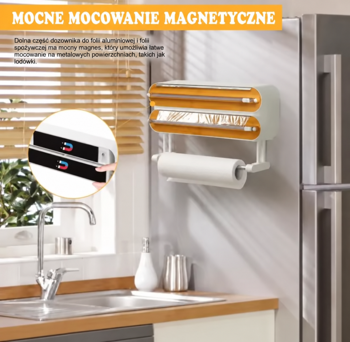 🥢 Bambusowy dozownik folii 3w1 z obcinakiem i uchwytem na ręcznik papierowy