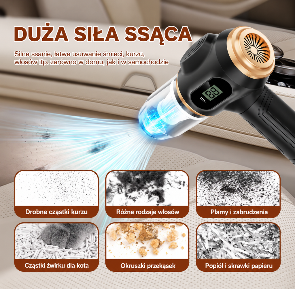 🚗✨ Bezprzewodowy Odkurzacz Samochodowy 2w1 | Odkurzacz + Dmuchawa 💨 | USB-C 🔋 | Filtr HEPA
