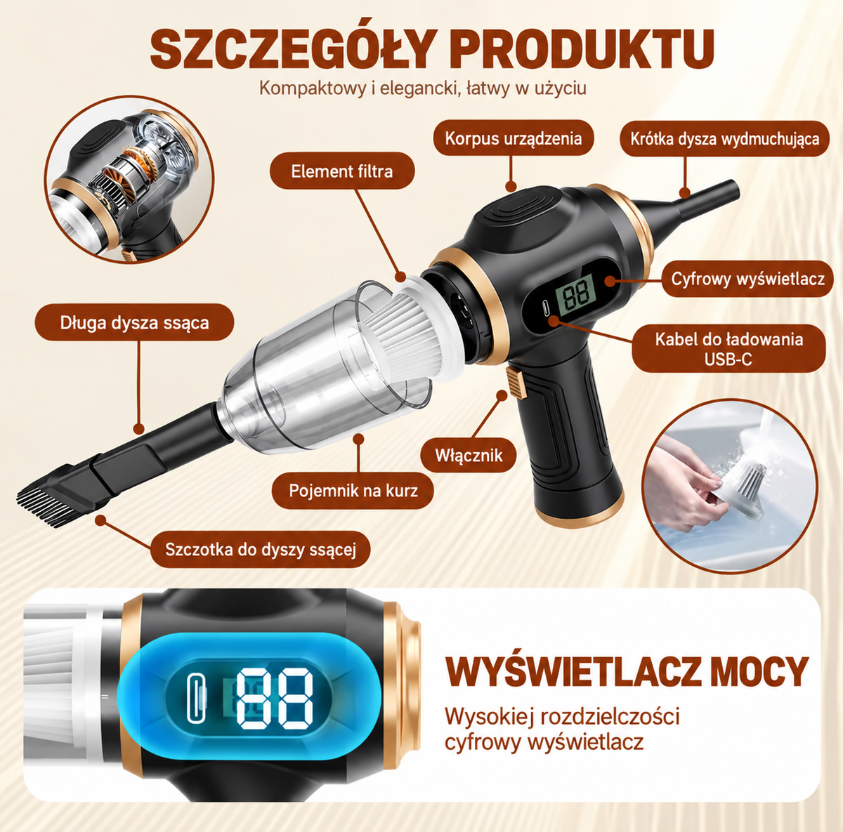 🚗✨ Bezprzewodowy Odkurzacz Samochodowy 2w1 | Odkurzacz + Dmuchawa 💨 | USB-C 🔋 | Filtr HEPA
