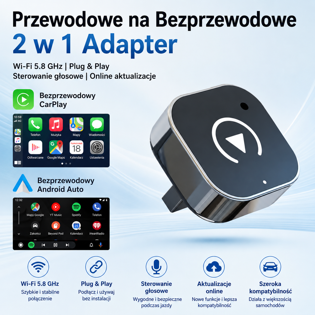 🚗 Bezprzewodowy Adapter CarPlay + Android Auto 2w1 📱 Wi-Fi 5.8 GHz | Plug & Play