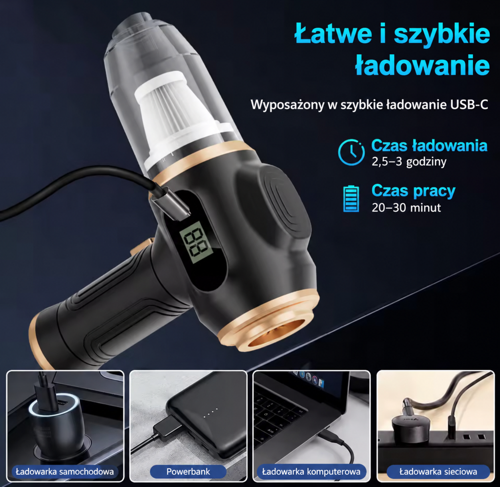 🚗✨ Bezprzewodowy Odkurzacz Samochodowy 2w1 | Odkurzacz + Dmuchawa 💨 | USB-C 🔋 | Filtr HEPA