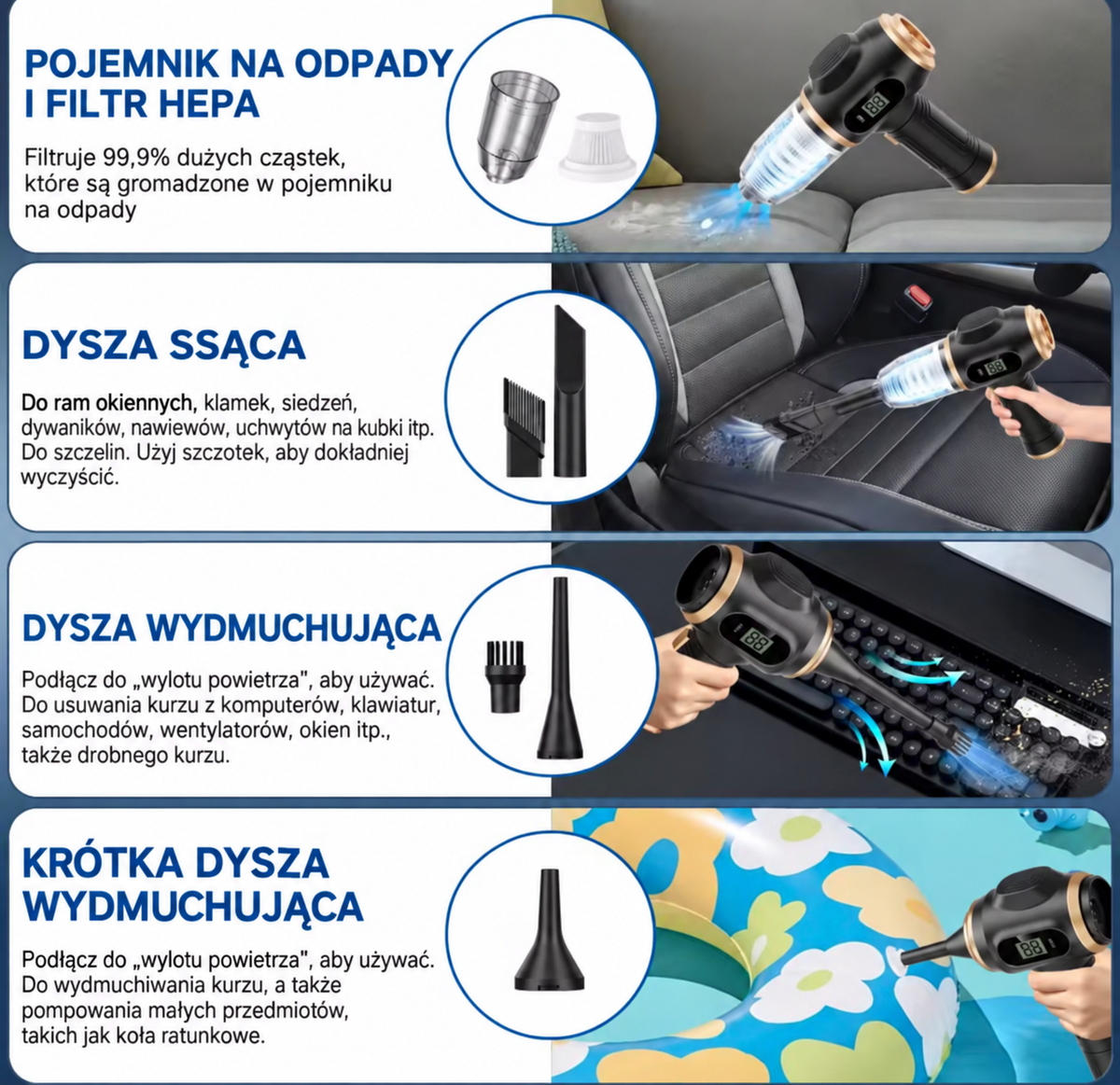 🚗✨ Bezprzewodowy Odkurzacz Samochodowy 2w1 | Odkurzacz + Dmuchawa 💨 | USB-C 🔋 | Filtr HEPA