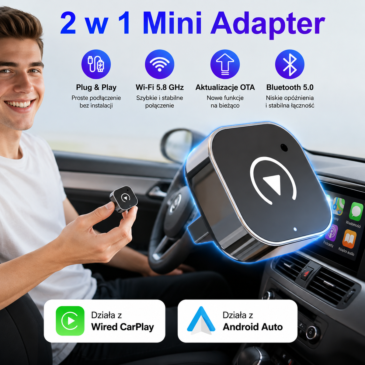🚗 Bezprzewodowy Adapter CarPlay + Android Auto 2w1 📱 Wi-Fi 5.8 GHz | Plug & Play