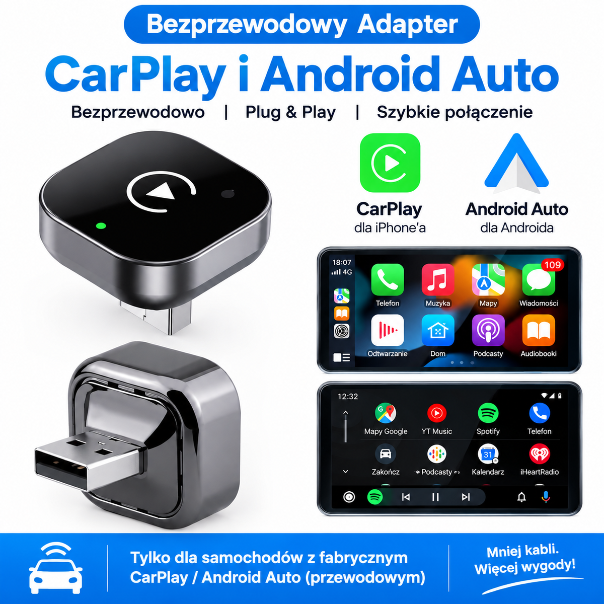 🚗 Bezprzewodowy Adapter CarPlay + Android Auto 2w1 📱 Wi-Fi 5.8 GHz | Plug & Play