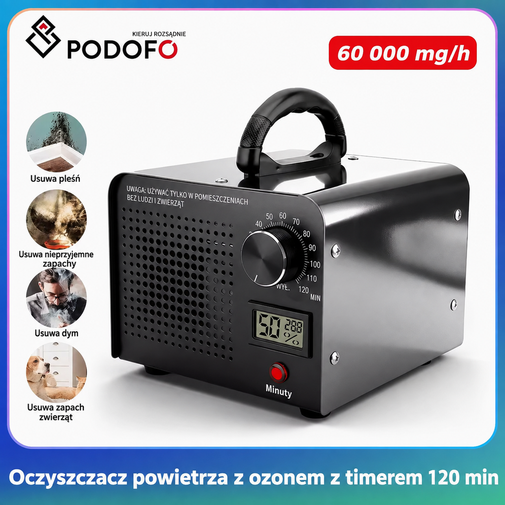 💨Generator ozonu PODOFO 60 000 mg/h – Ozonator do domu, auta i biura z timerem 120 min