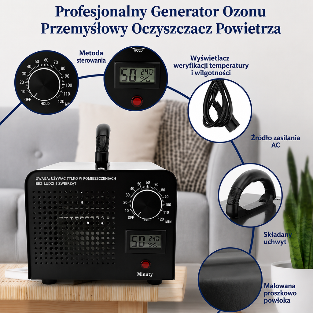 💨Generator ozonu PODOFO 60 000 mg/h – Ozonator do domu, auta i biura z timerem 120 min