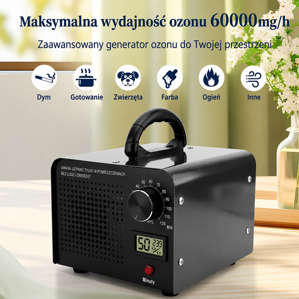 💨Generator ozonu PODOFO 60 000 mg/h – Ozonator do domu, auta i biura z timerem 120 min
