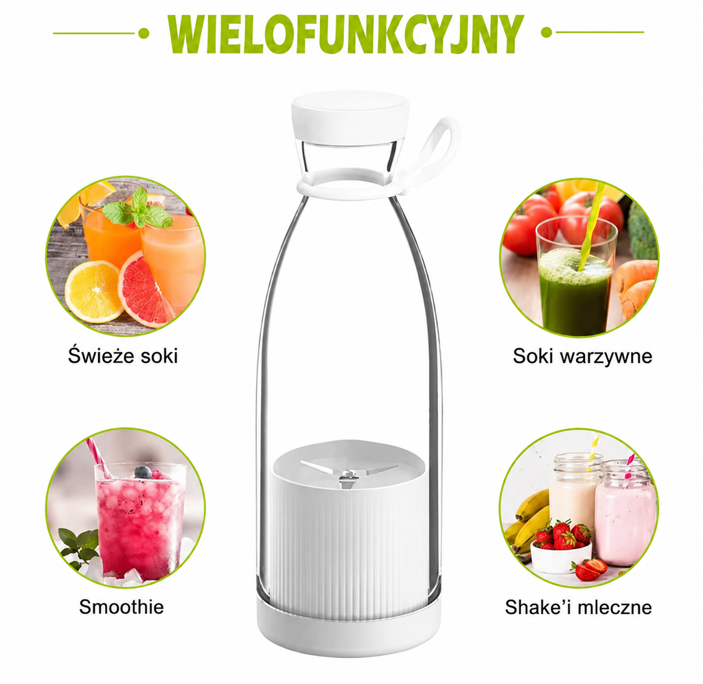 🍓 Przenośny Blender USB 350 ml – Smoothie, Koktajle i Soki 🥤 6 Ostrzy