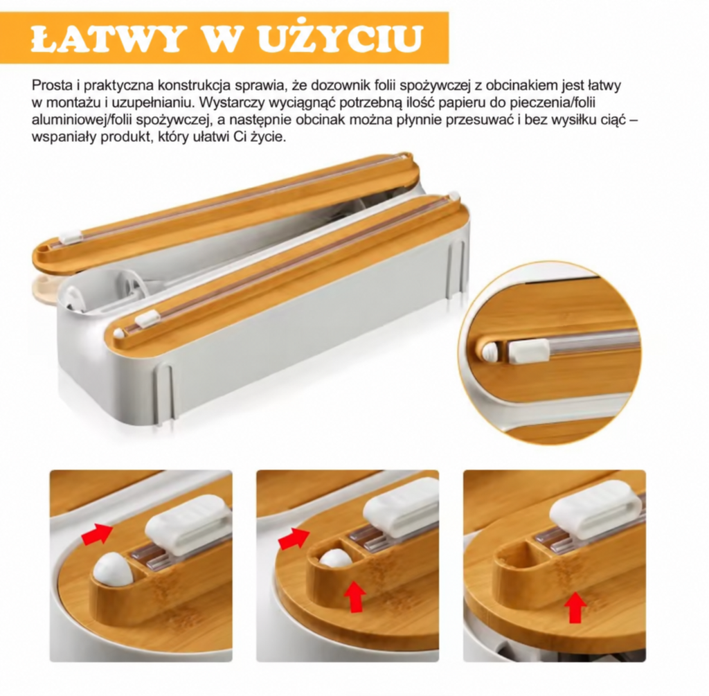 🥢 Bambusowy dozownik folii 3w1 z obcinakiem i uchwytem na ręcznik papierowy