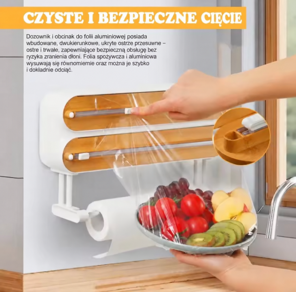 🥢 Bambusowy dozownik folii 3w1 z obcinakiem i uchwytem na ręcznik papierowy