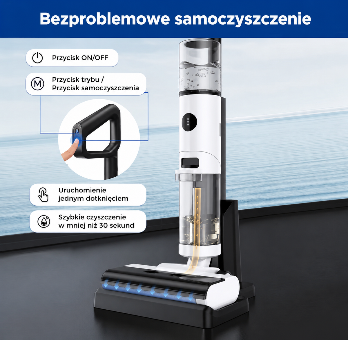 🧼 Odkurzacz Pionowy 2w1 – Odkurzanie + Mopowanie 💦 | 9000 Pa | Samoczyszczenie